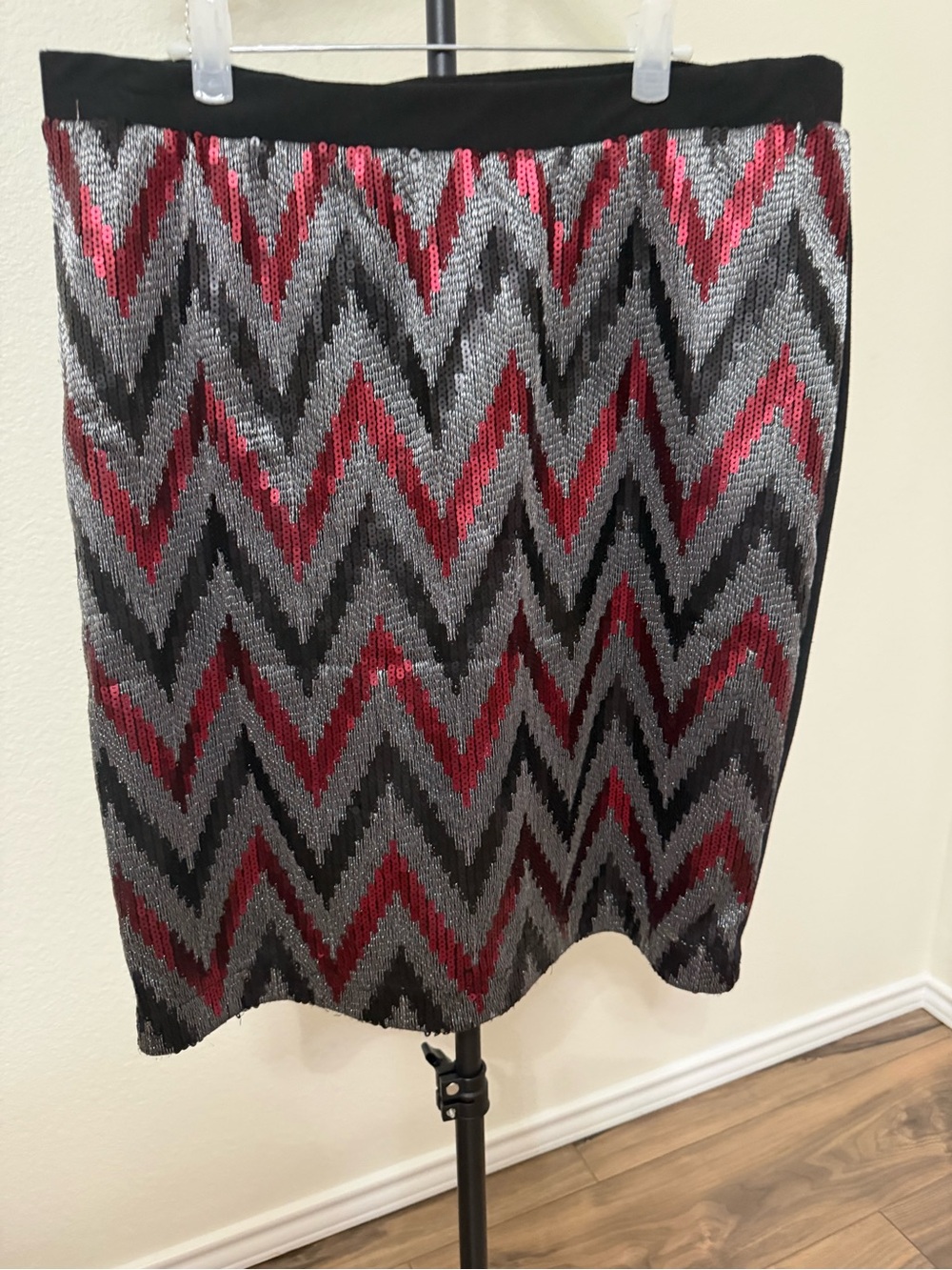Metallic Sewuin Pencil Skirt in Silver, Black & Maroon